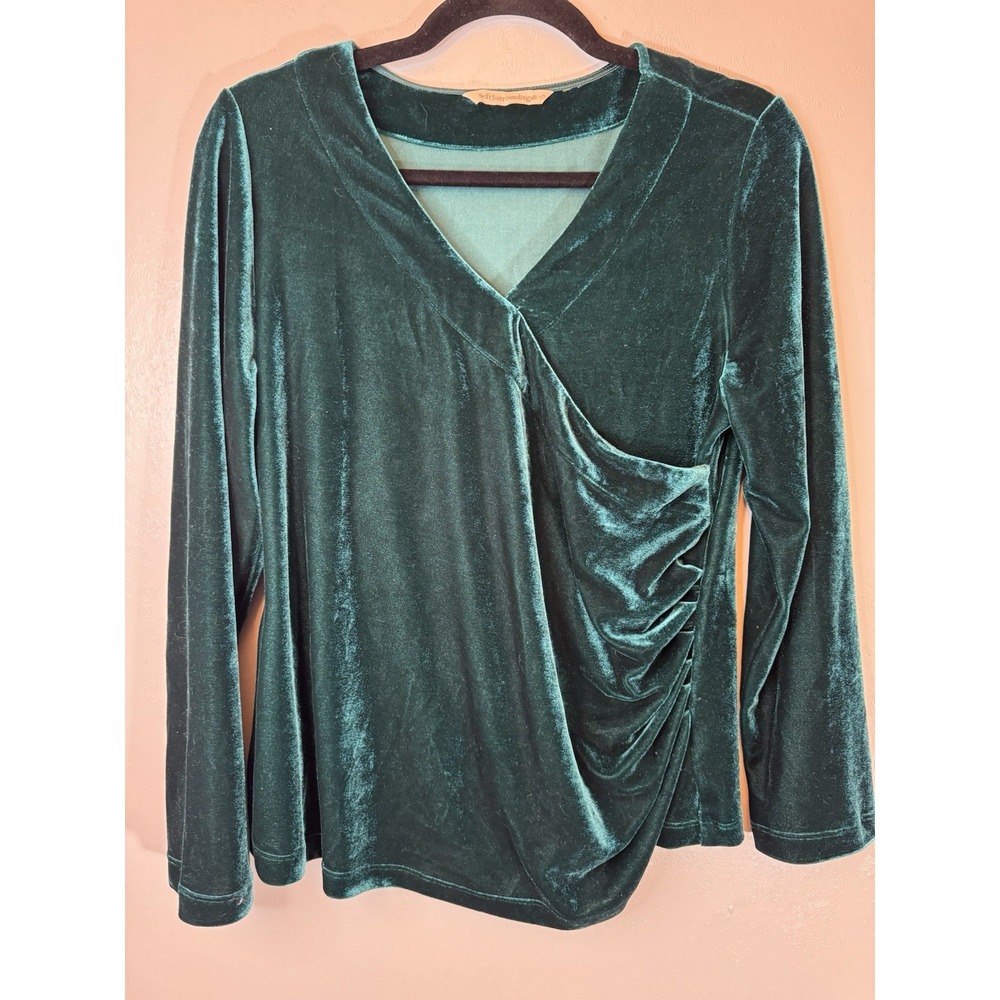 Soft Surroundings Emerald Green Velvet Like Blouse w/Draping No Size‎ Tag PTP 18